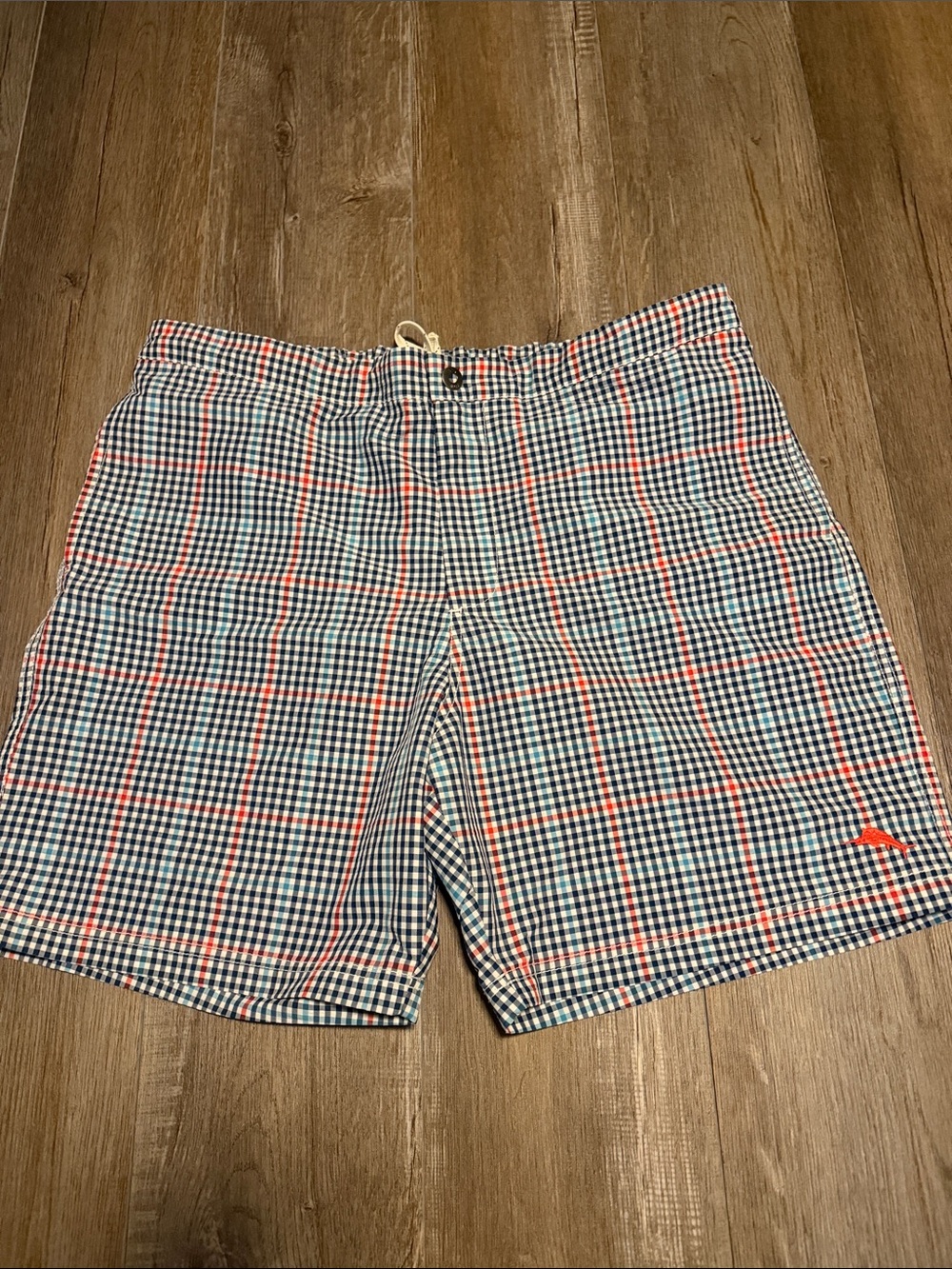 Tommy Bahama Relaxed Navy, White & Coral Plaid Swim Trunks
